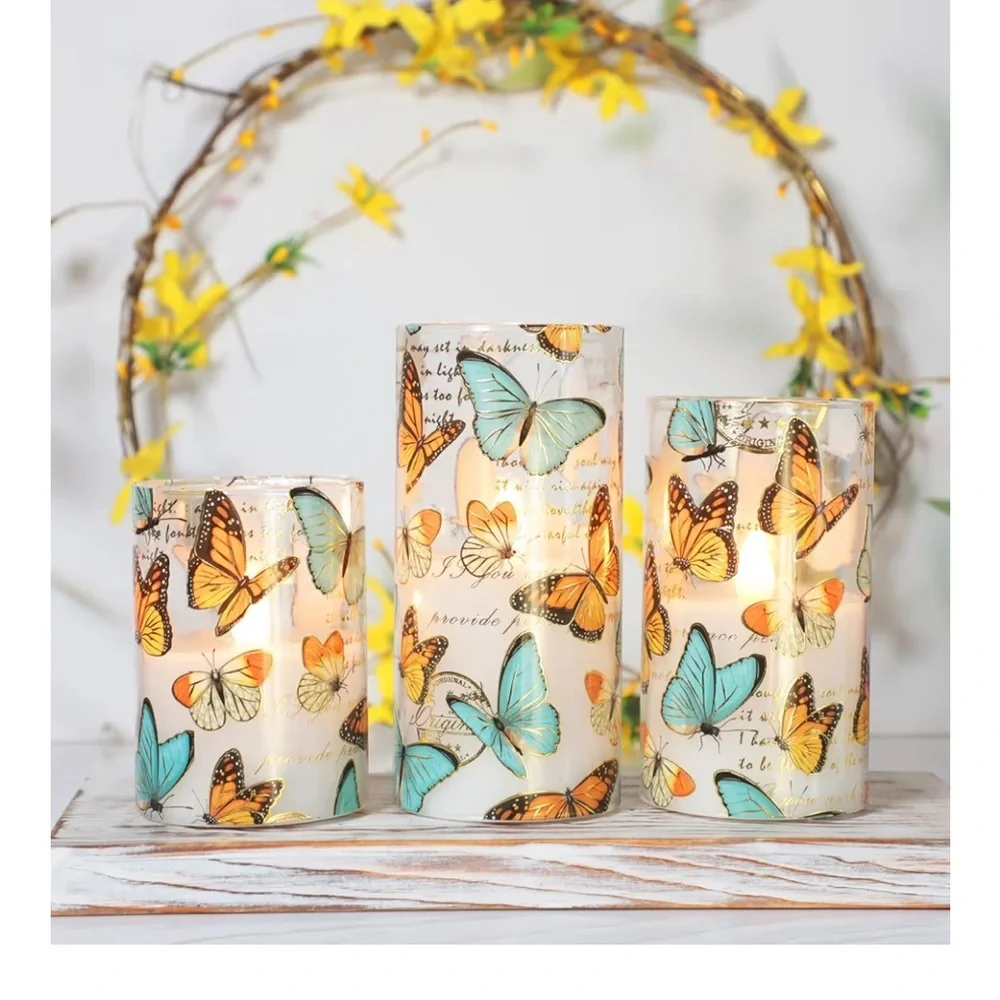 Crystal Club Glass Flameless Candles, Butterfly Decor Flickering Battery 009